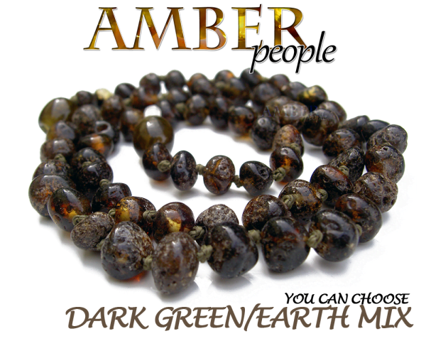 Baltic amber adult necklace in dark green displayed in a product image