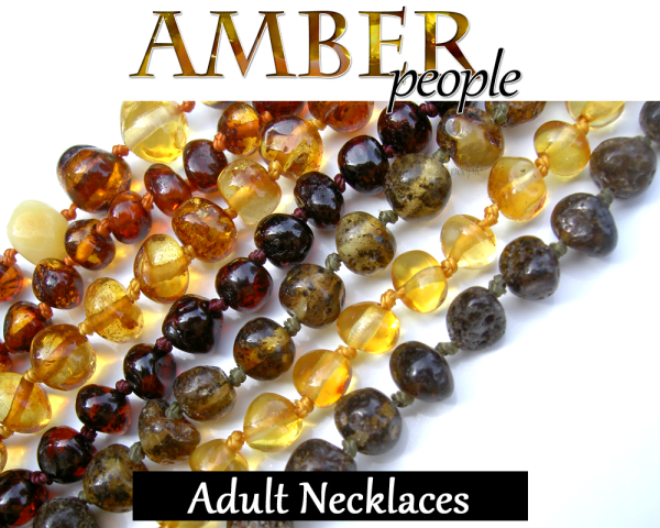 Baltic amber adult necklaces in 6 popular colours - chamapagne, honey, dark honey, multicolour, light green and dark green, displayed together in the main product image