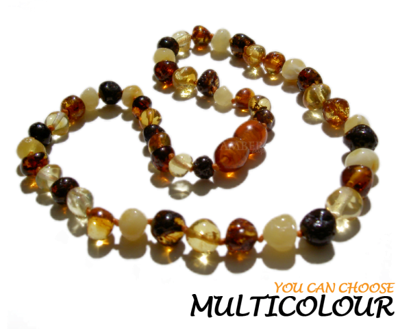 baltic amber baby teething necklace in multicolour