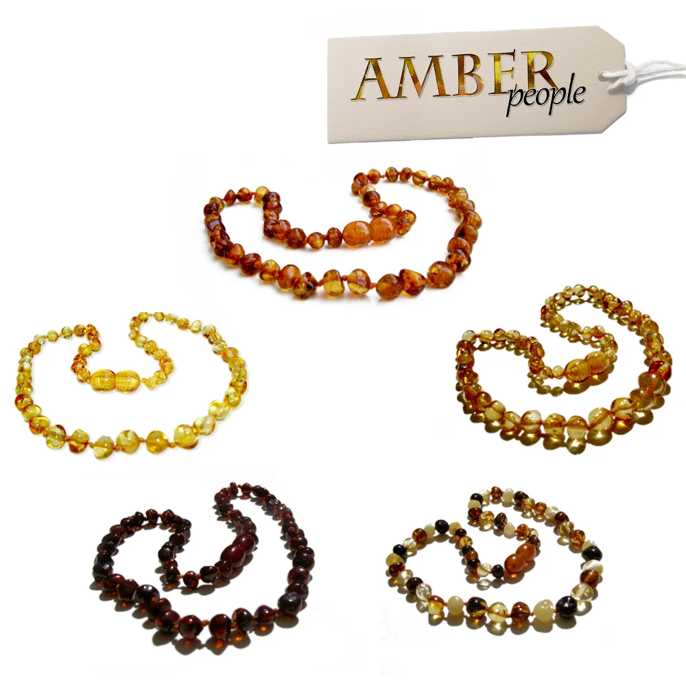 Baltic amber baby teething necklaces and bracelets in 5 colours - dark honey, golden honey, multicolour, cherry, and champagne, displayed together in the main product image