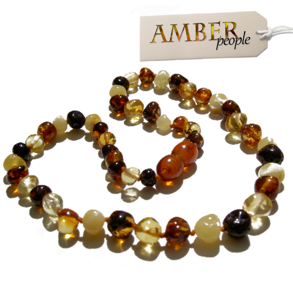 Baltic amber baby teething necklace in a mixed colour design displayed in the main product image