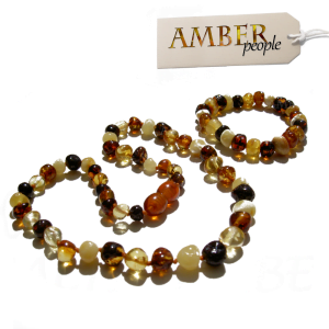 Baltic amber baby child teething necklace and bracelet set in multicolour displayed in the main product image