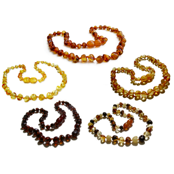 Baltic amber baby teething necklaces and bracelets in 5 colours - dark honey, golden honey, multicolour, cherry, and champagne, displayed together in the main product image