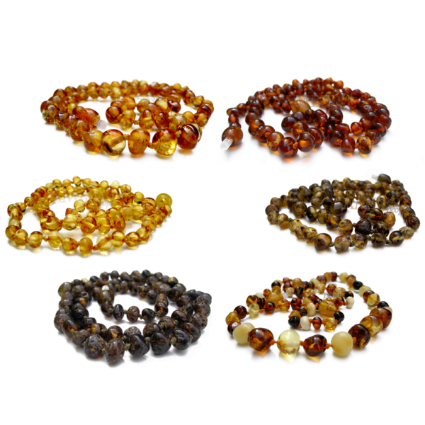 Baltic amber adult necklaces in 6 popular colours - chamapagne, honey, dark honey, multicolour, light green and dark green, displayed together in the main product image